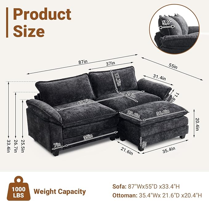 VINGLI 87 Convertible Sectional SofaL-Shape Deep Seat Sofa Couch for Living RoomModern Chenille 2 Seat Loveseat Sofa with Ottoman for Small Space(Black 87)