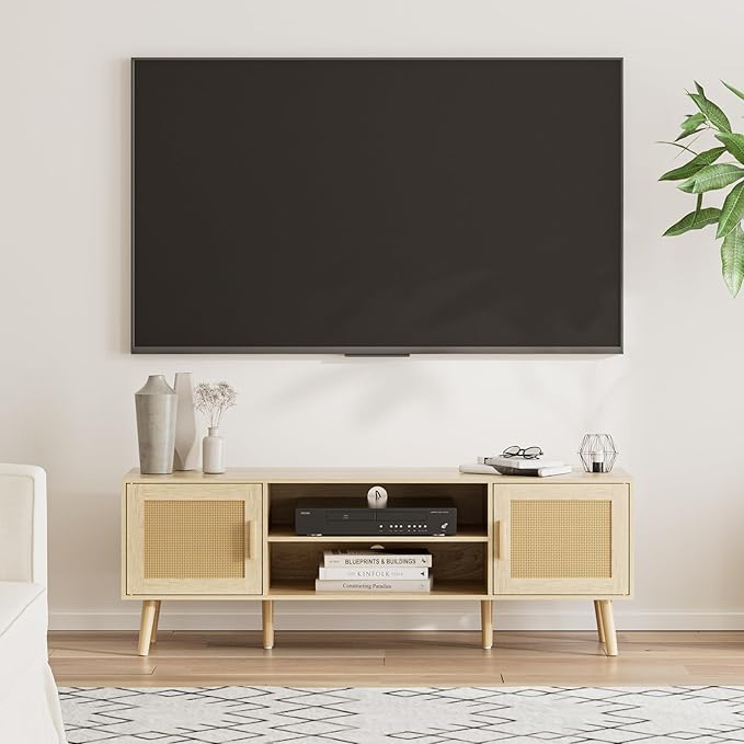TV Stand for 55-65inch TV Rattan Entertainment Center with Soft Hinge DoorTV Console Table with 2 Cabinets with Gold Handle and Feetfor Living Room Bedroom Natural
