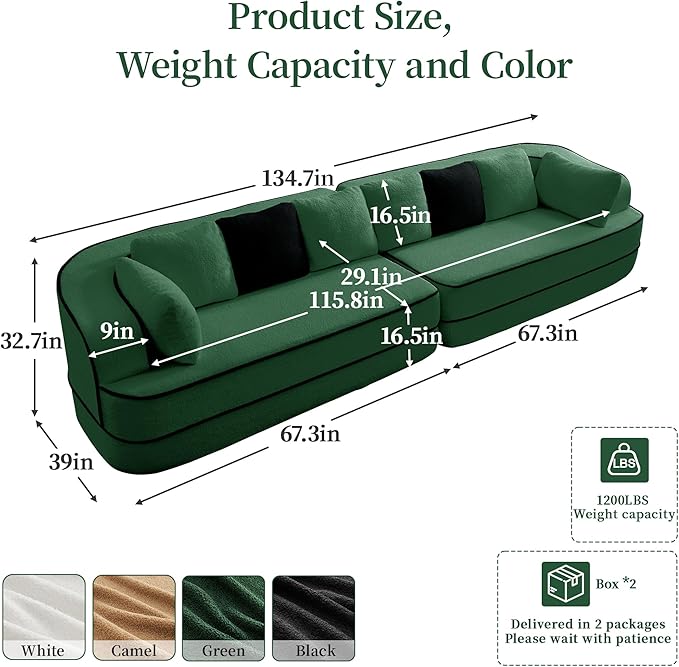 134.7 Contrast Color Boneless Sectional Couch Teddy Fabric Foam Cloud Sofa Deep Seat Wide Arm Modular Sectional Sofa with Chaise No Assembly Required