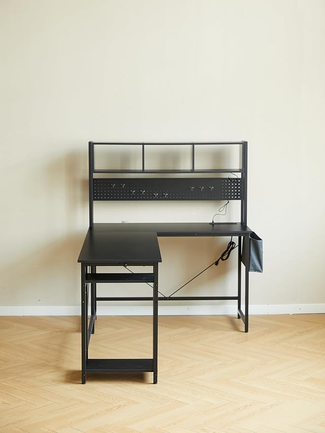 94.5 Inch Home Office Desk L Shape Gaming Desk with LED Storage Shelves Metal Pannel and Stool (Black)