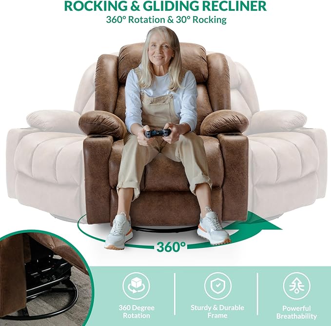 VIVIJASON Swivel Rocker Recliner Chair with Heat &amp Vibration Manual 360° Swivel Glider Overstuffed Reclining Chair with 2 Cup Holders Side Pockets &amp USB Ports for Living Room Brown