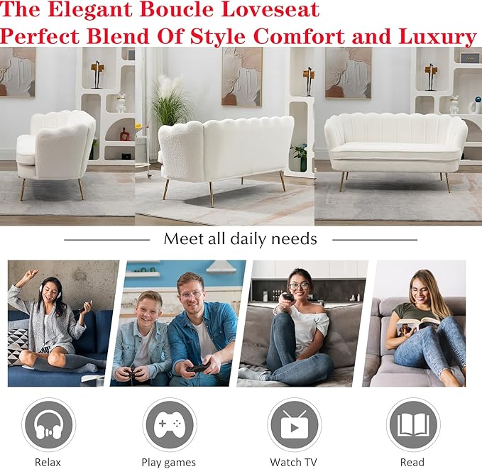 Modern Boucle Loveseat CouchFuton Small Sofa with Gold Metal Legs 2-Seater Upholstered Mini Sofa Couches for Small SpaceLiving Room Bedroom Office Dorm Studio Apartment Love Seat Couche(White)