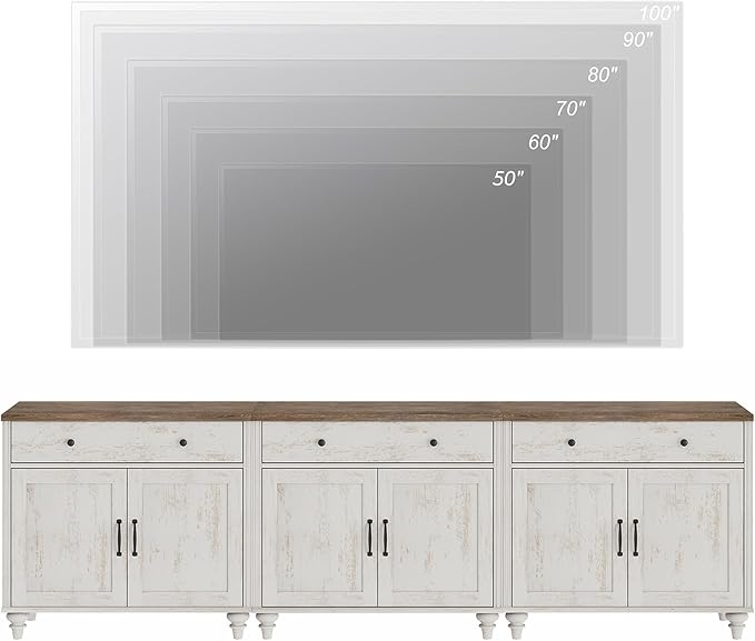 WAMPAT Farmhouse TV Stand for 100 Inch TV 3-in-1 TV Console Table for 75/85/90/100 Inch TV Entertainment Center with 3 Drawers and 6 Doors Kitchen Sideboard Buffet Cabinet Rustic White