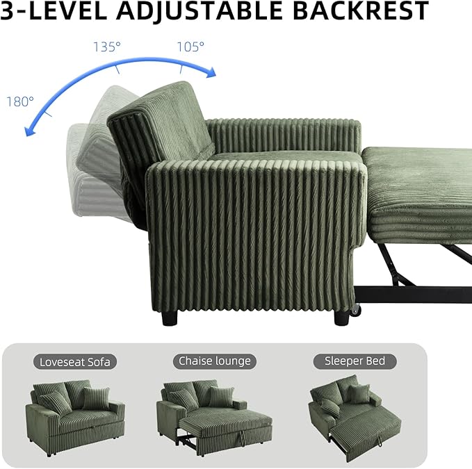 3 in 1 Convertible Sofa Bed52.8 Pull Out Couch with 2 Pillows and Side PocketsModern Corduroy Fabric Sleeper Loveseat with Adjustable Backrest for Living Room Bedroom Apartment (Green Corduroy)