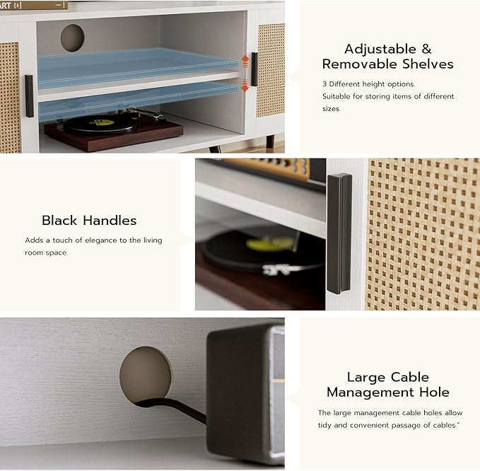 TV Stand for TVs up to 65'' Mid Century Modern Entertainment Center with Rattan Door Shelves &amp 2 Cabinets Boho Media TV Console for Living Room Bedroom White