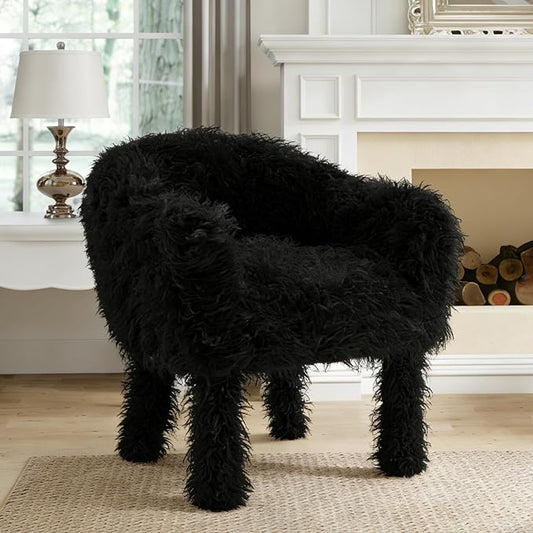Modern Faux Fur Accent Chair with Solid Wood Frame Comfy Living Chair Cozy Furry Lounge Chair Upholstered Armchair for Living Room Bedroom Vanity Reading Nook Black