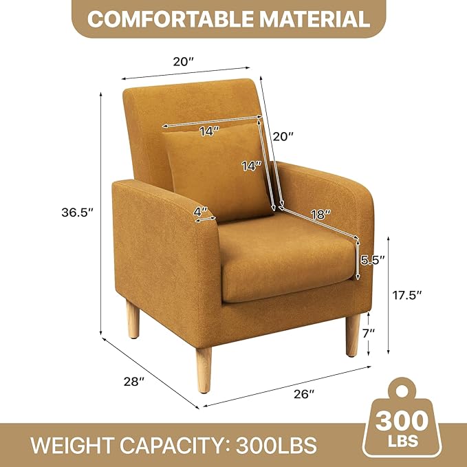 MoNiBloom Accent Chair with Back Pillow Upholstered Club Arm Chair Modern Living Room Chair with Wooden Legs for Bedroom Corner Living Room Reading Nook Yellow