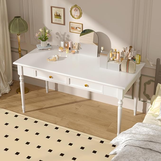 Solid Wood French Country DeskWriting Desk with Storage DrawersFarmhouse Computer Table Makeup Table Modern Simple Stylefor Home Office Living Room Study Workspace Bedroom (White 47.2IN)
