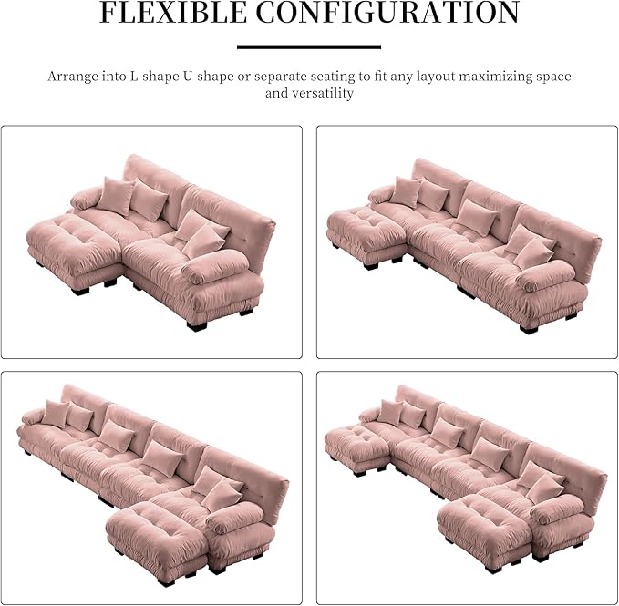 133.8 Oversized Modular Sectional Sofa 3 Seater Pink Large Sectional Couches for Living Room Chenille Fabric Sofa Set Cloud Couches with Ottoman Deep Seat Modern Sofas para Sala U Shaped