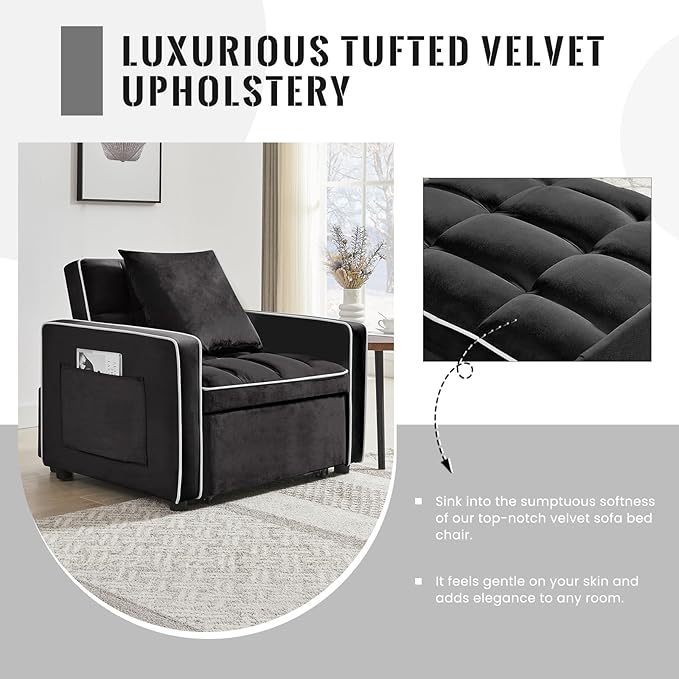 3 in 1 Velvet Sleeper Chair Pull Out Bed Convertible Single Sofa Bed Futon Modern Tufted Chair with Adjustable Backrest Pullout Sleeper Sofa Chair for Bedroom Living Room Indoor Lounge(Black)