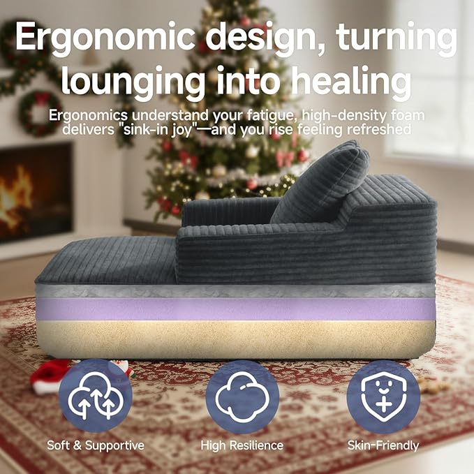 45'' Chaise Lounge Chair Indoor Corduroy Upholstered Boneless Sofa Bed Deep Seat Sleeper Couch Reading Chairs Small Comfy Cloud Sofas Couches for Living Room Bedroom Movie Room (Dark Grey)