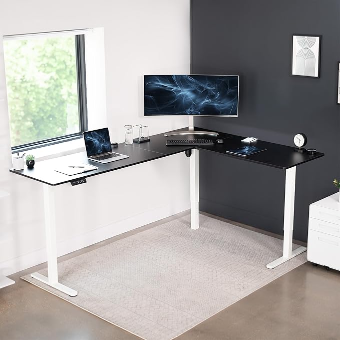 VIVO Corner Standing Desk 84 x 63 inch Reversible L-Shaped Workstation Electric Height Adjustment Home Office and Reception Rooms Black Table Top White Frame DESK-E3CTWB-84