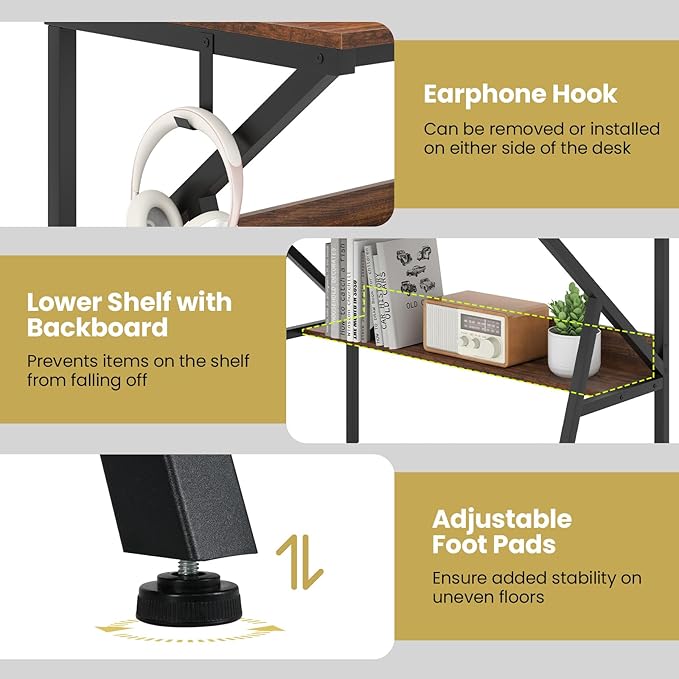 Giantex Small Desk with Storage Compact Computer Desk for Small Spaces with Monitor Stand Metal Frame &amp Earphone Hook Laptop PC Table Modern Writing Desk for Home Office Bedroom (Rustic Brown