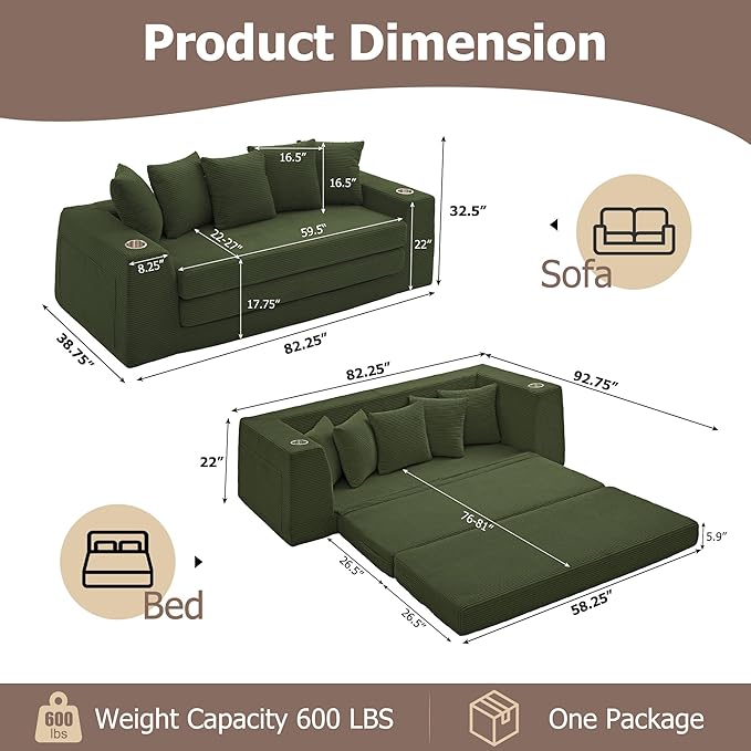 82 Oversized Loveseat Pull Out Sofa 2 in1 Convertible Loveseat Sofa with Pillows Corduroy Folding Couch Bed with Deep Seat Boneless Couch for Small Room No Assembly Required Green