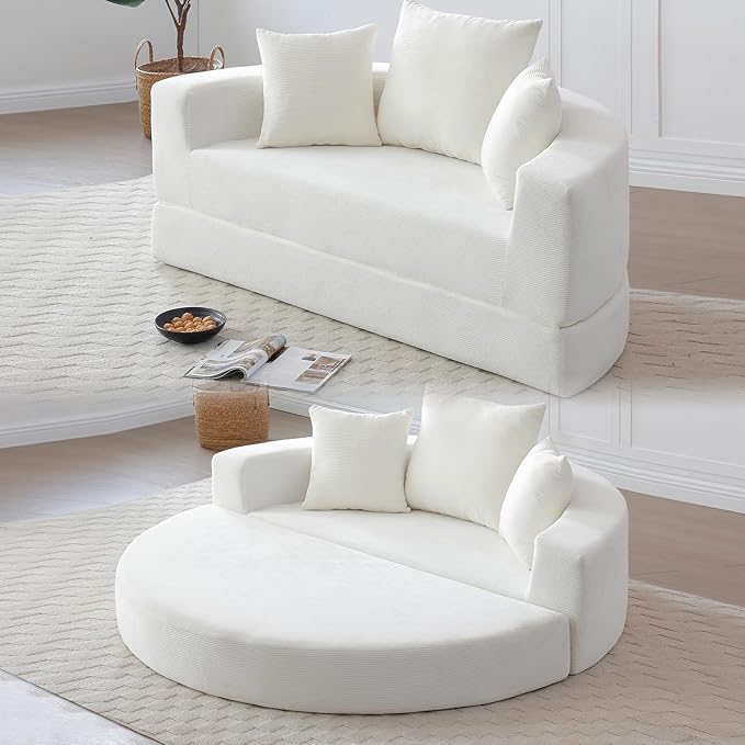 Round Boneless Couch Corduroy Upholstered Folding Convertible Sofa Bed with Pillows 2-in-1 Futon Sofa Bed with Half-Circle Design Comfy Loveseat for Living Room Apartment (Beige)
