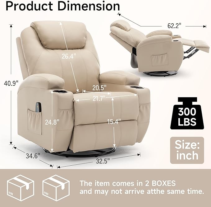Recliner Chair Rocking Chair with Massage and Heat 360° Swivel Recliner Chairs for Adults Rocker Manual Recliner with Remote Control and Cup Holder for Living Room Bedroom Nursery