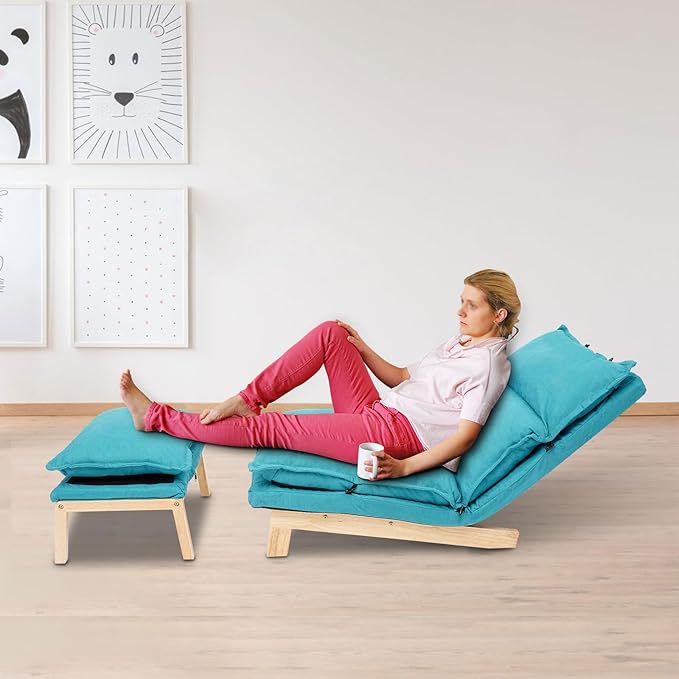 Modern Sofa Bed Chair with Ottoman 5-Position Adjustable Recliner Lounge - Accent Reading Chair for Bedroom Living Room Balcony - 330lbs Capacity (Blue)