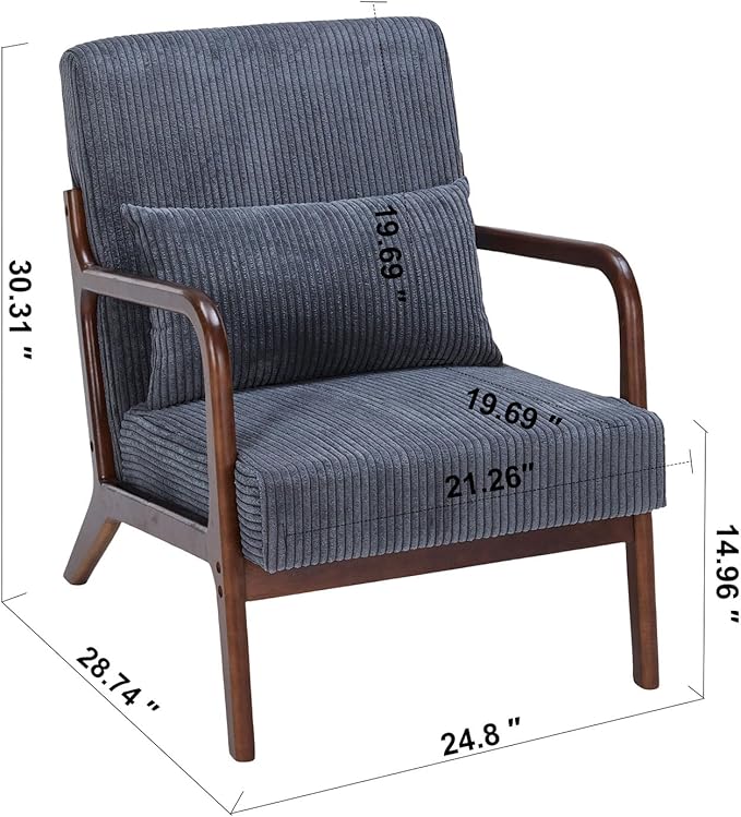Mid Century Modern Accent Chair with Waist CushionComfy Upholstered Lounge Chair Ergonomic Reading Chair with Solid Rubberwood Frame for Living Room Bedroom (Antique Dark Grey+Brown)