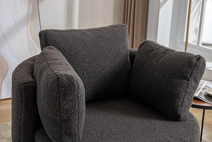 FOXHUNTER Swivel Barrel Chair 360 Degree Oversized Swivel Accent Chair with 3 Pillows Swivel Storage Chair for Nursery Living Room Bedroom 31.5D X 33.9W X 33.86H Inch (Teddy Dark Gray)