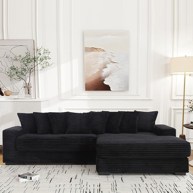 Fefances Spacious Two-Section Left-Oriented Modular L-Shaped Corduroy Sectional Couch for Living Spaces 111 Upholstered Convertible Chaise Sofa &amp Chaise Lounge with Daybed FunctionalityBlack/R.