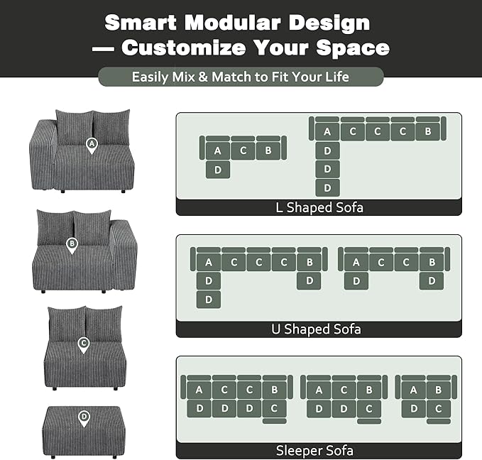 Modern Oversized Modular Sectional Sofa Boneless Cloud Loveseat with Legs Corduroy Big Comfy Deep Seat Sofa for Living Room &amp Apartment（Dark Grey106″Loveseat）