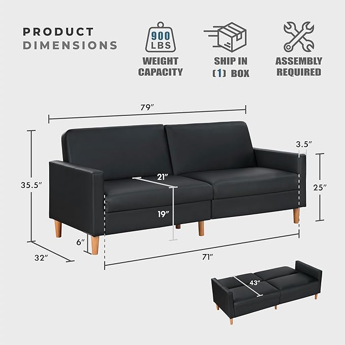 Lexicon 79W Convertible Futon Sofa Bed Loveseat Faux Leather Upholstered Couch Sleeper Adjustable Backrests Padded Pocket Coil Solid Wood Legs for Living Room Bedroom Apartment Office Black