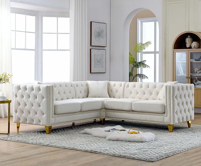 Antetek L Shaped Couches for Living Room Modern Button Tufted Velvet Sofa Couch with Square Armrests Inlaid with Gold Nail Heads Upholstered Corner Sofas for Living Room Office Apartment Beige