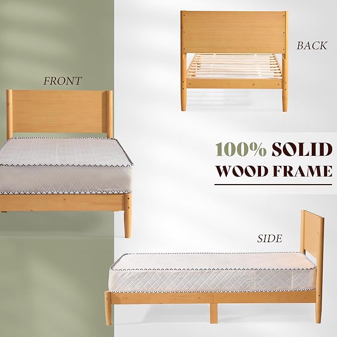 AMERLIFE Solid Wood Twin Bed Frame Mid Century Modern Platform Bed with Full Panel Headboard Noise-Free &amp Cylindrical Legs No Box Spring Needed Under-Bed Storage Natural Wood