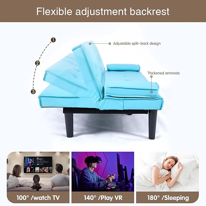 67 Futon Sofa BedConvertible Sofa Bed with 2 Cup HoldersSleeper Couch PVC Leather Removable Soft Armrest Small Couch for Living Room Apartments ﻿ (Blue)
