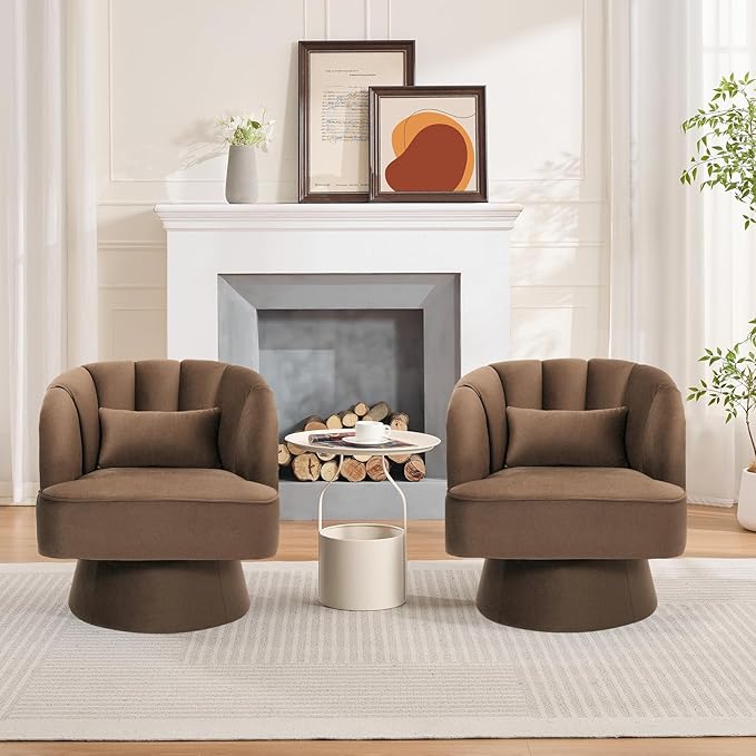 Mid Century Modern Swivel Barrel Chair - 360° Swivel Accent Chair with Plush Velvet Upholstery &amp Wide Cushioned Seat Round Lounge Sofa Chair for Living Room Bedroom Office (Brown 2 PCS)