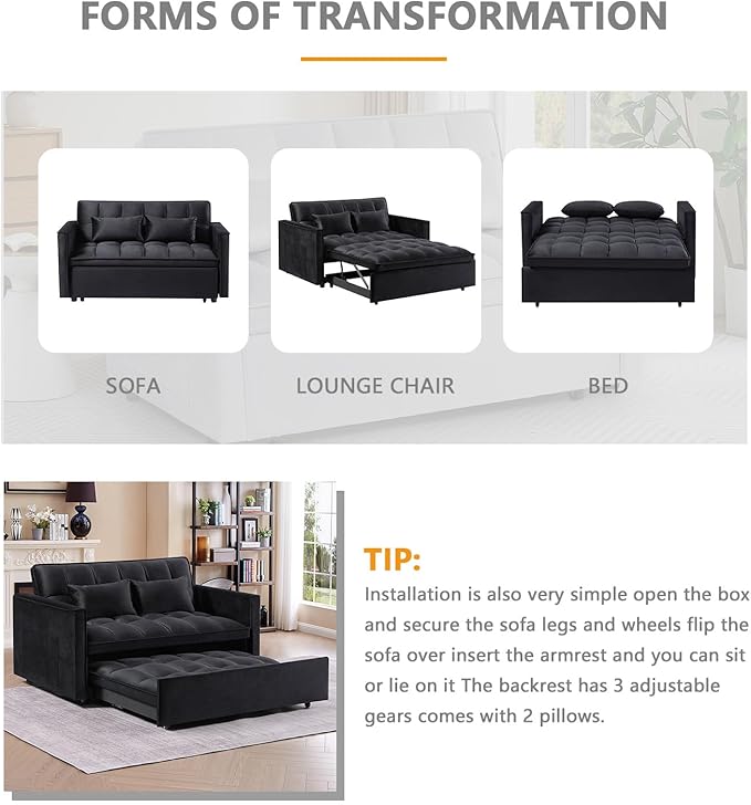 54 Convertible Sofa Bed Velvet Sleeper Sofa with Pull-Out Bed 3-in-1 Futon Couch with Reclining Backrest and Side Pocket Modern Loveseat for Living Room (Black)