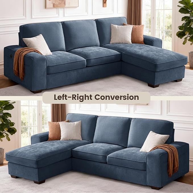 PARKOL 99 L-Shaped Sectional Couch with Storage Sofa with Reversible Chaise USB Type-C Charging Chenille Fabric Removable Cushion Covers for Small Space Apartment Living Room Blue