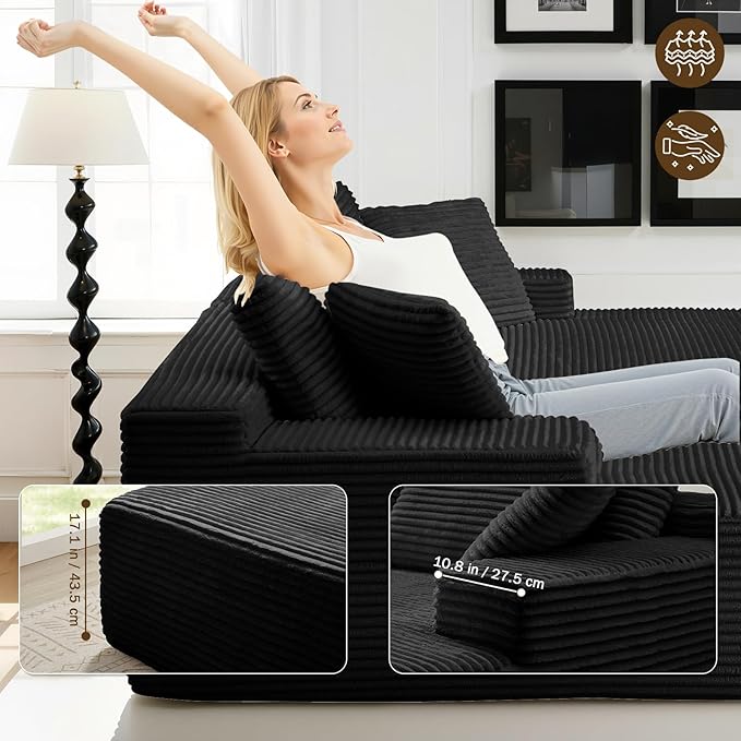 89.3” Oversized Double Chaise Lounge Indoor Black Corduroy Chaise Lounge Chair Upholstered Sleeper Sofa Bed Deep Seat Sleeper Loveseat Reading Chairs Boneless Cloud Couch for Living Room Bedroom