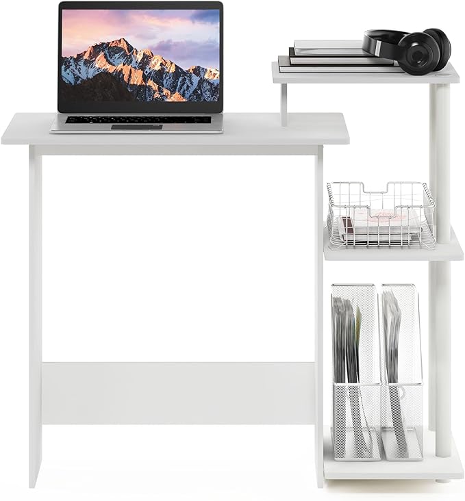 Furinno EFFICIENT Desk 28.6 Wide Gaming Desk with 3 Open Side Shelves Laptop Notebook Computer Desk Office Desk for Home Office Study Room Dorm Bedroom White