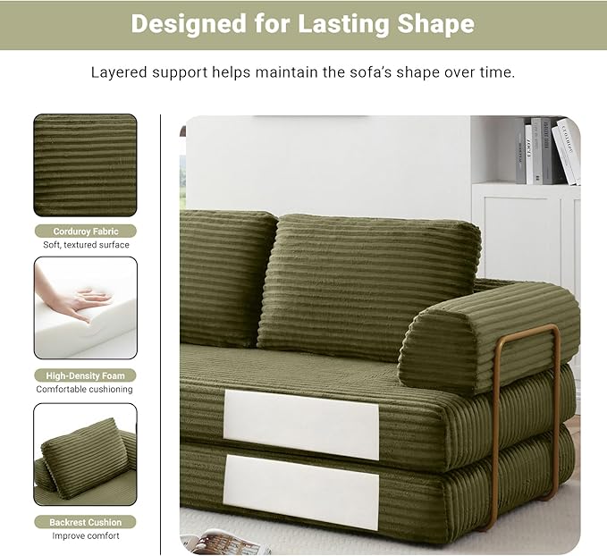 80 Convertible Sofa Bed Modern Corduroy Sleeper Sofa Folding Floor Couch with Golden Fixed-Shape Frame Green Boneless Loveseat Sofas Bed for Living Room Bedroom No Assembly Needed