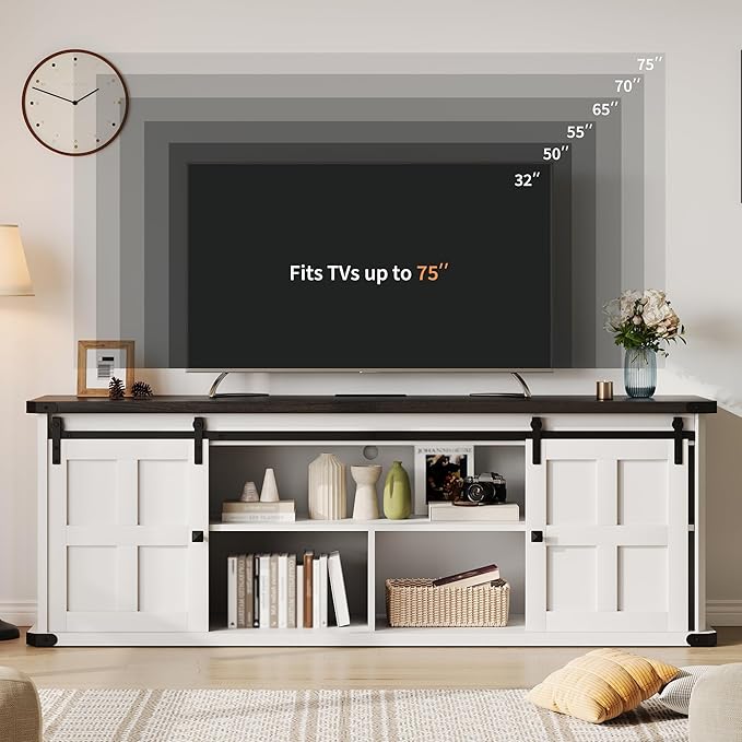 GAOMON 70 Farmhouse TV Stand for 80/75/70 Inch TVsEntertainment Center Storage Cabinets w/Power Outlets and Sliding Barn DoorRustic TV Stands for Living RoomMedia Console Cabinet (Black/White)
