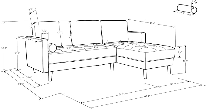 Studio Living® Lexington 83.1 Sofa Chaise Mid-Century Modern Pocket Coil Comfort Reversable Chaise Easy Assembly Woven Fabric Heather Grey