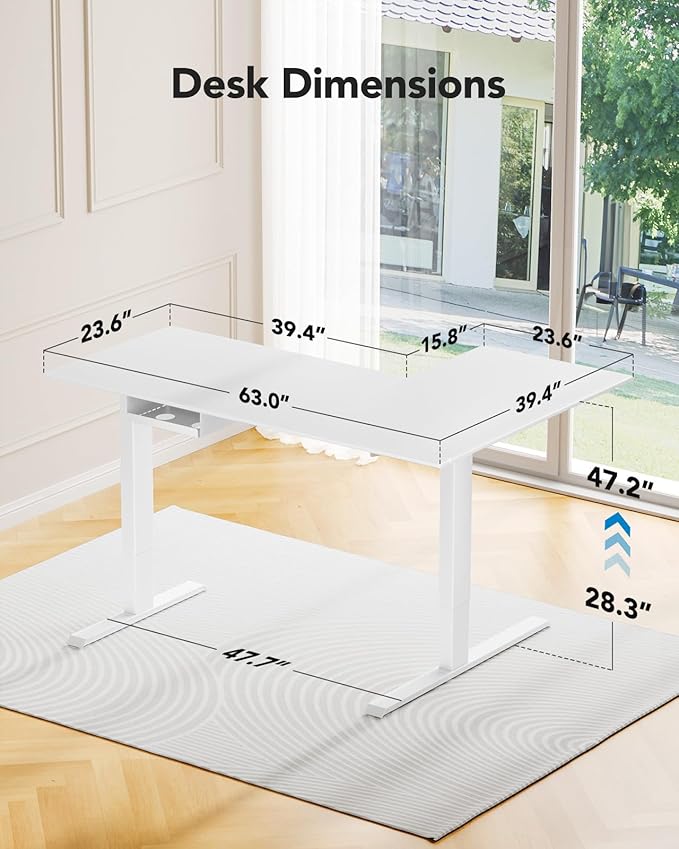 HUANUO L-Shaped Standing Desk 63 x 40 inch Dual Motor Corner Standing Desk Electric Height Adjustable Computer Desk with Cable Tray &amp 3 Preset Heights Raising Desk for Home Office White HNESD