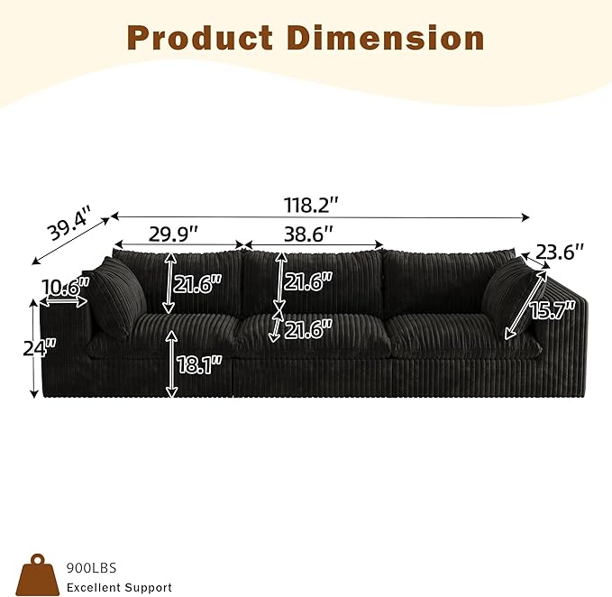 Oversized 118 W Corduroy Boneless Couches for Living Room No Assembly Required 3-Seaters Modular Sectional Sofa with Removal Cushion Comfy Plush Upholstered Couch for Apartment/Office (Black) | Co