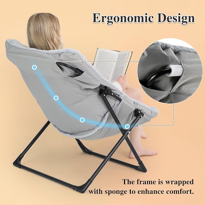 Comfy Saucer Chair for Adults Soft Faux Fur Bedroom Chair Accent Dorm Chairs Flexible Living Room Reading Chairs Oversized Folding Seat for Teens X-Large Grey