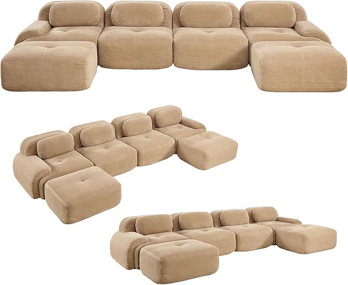 153 Boneless Couch28 Feep Seat Pet-Friendly Corduroy Oversize Sectional Sofa with 2 Movable Ottomans 4 Seater Modular Cloud Couch for Living Rooms Apartments Leisure RoomsCamel