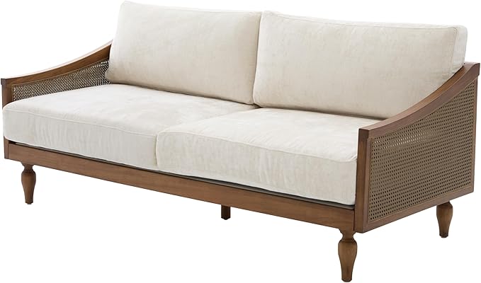 Christopher Knight Home Harper Mid-Century Loveseat Sofa Couch 2-Seater Lounge Sofa with Rattan Armrests and Wooden Legs Chenille Upholstered Couches for Living Room and Small Space Walnut