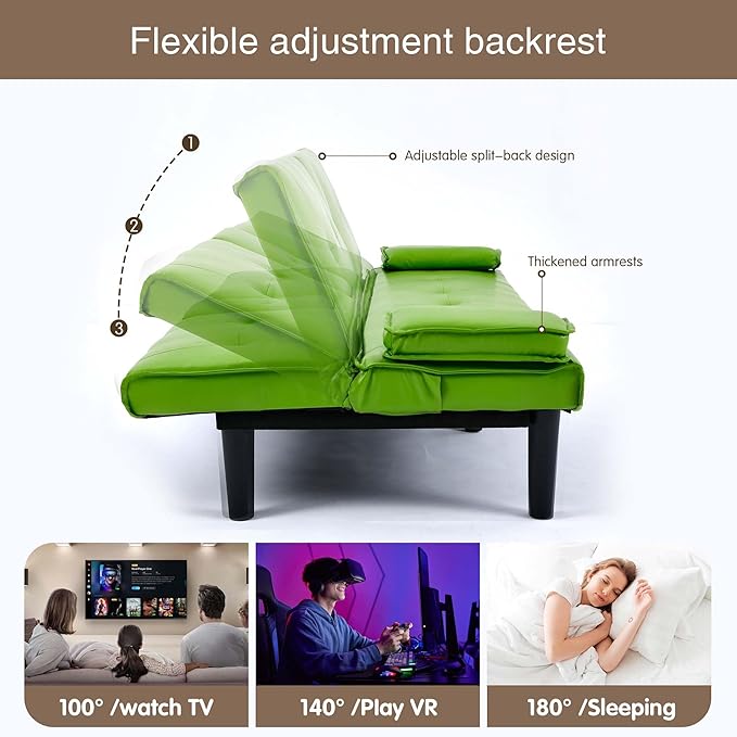 67 Futon Sofa BedConvertible Sofa Bed with 2 Cup HoldersSleeper Couch PVC Leather Removable Soft Armrest Small Couch for Living Room Apartments ﻿ (Green)
