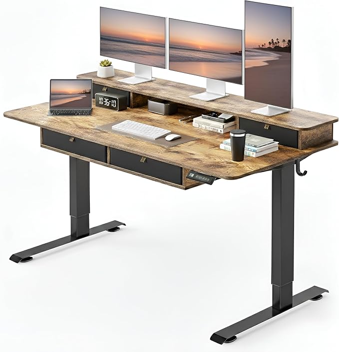 CubiCubi 55 x 30 Standing Desk with Drawers Height Adjustable Electric Workstation Computer Sit Stand Up Table with Large Storage Shelf 4 Drawers and 2 Hooks Rustic Brown