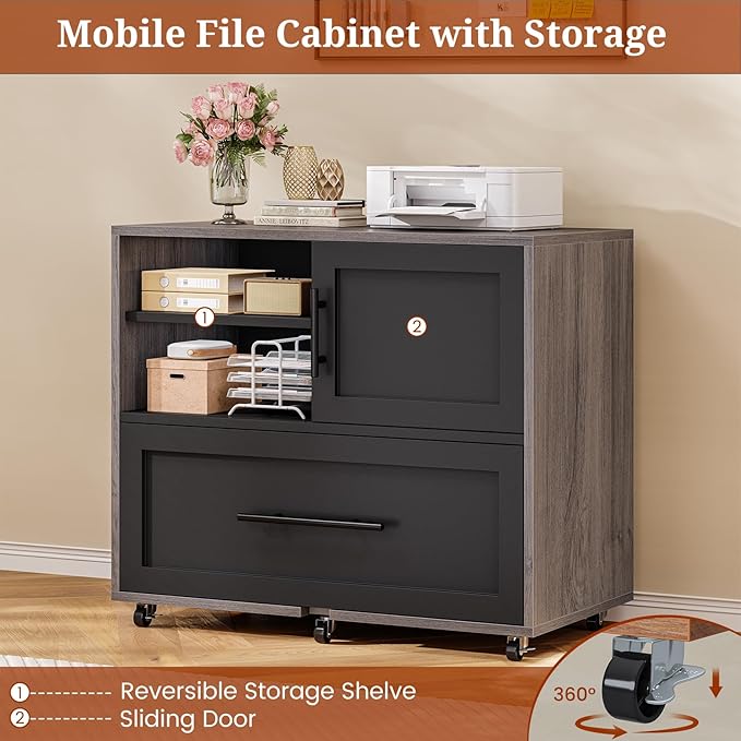 63 Executive Desk with Mobile File Cabinet Large Office Desk with Drawer Modern L Shaped Desk with Power Outlets Storage Shelves Corner Computer Desk Business Workstation Set (Grey)