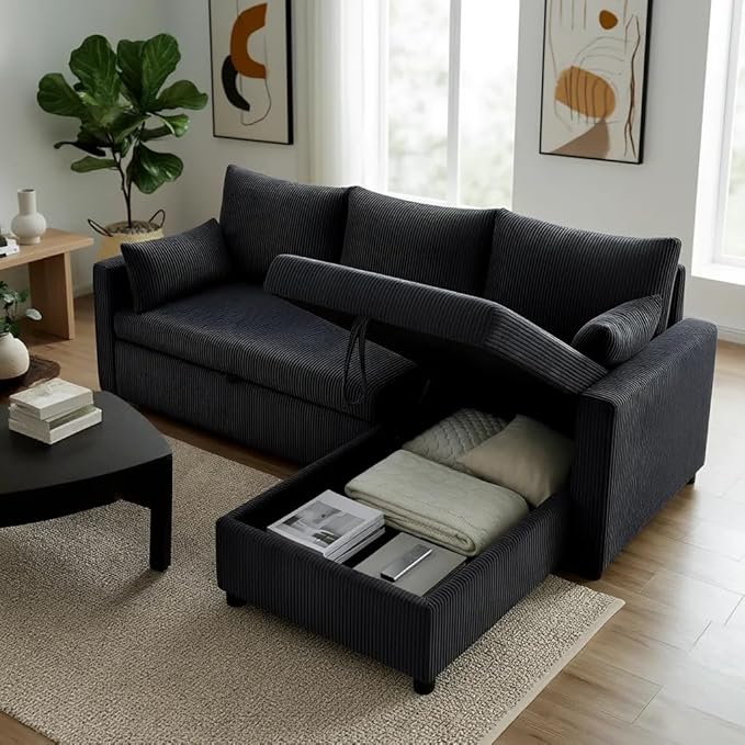 Sectional Sleeper Sofa with Pull Out Bed LShape Convertible Sofa Bed Couch with Storage Chaise 3 in 1 Pull Out Sofa Bed with 3 Seats for Living RoomApartment Black 85Inch