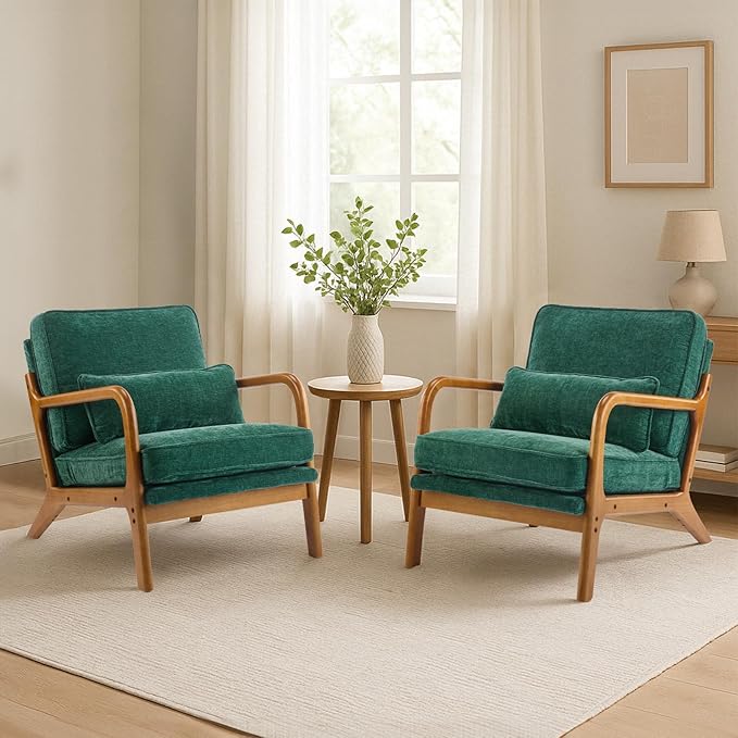 Karl home Mid Century Modern Accent Chair with Lumbar Pillow &amp Oak Arms – Plush Chenille Living Room Chair for Bedroom Lounge (Dark Green)