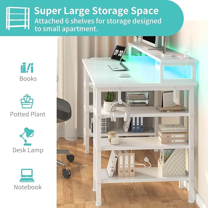 Lufeiya White Desk with Storage Shelves - 47 inch Home Office Gaming Desk with Monitor Stand Computer Desk with LED Lights and Power Outlets White