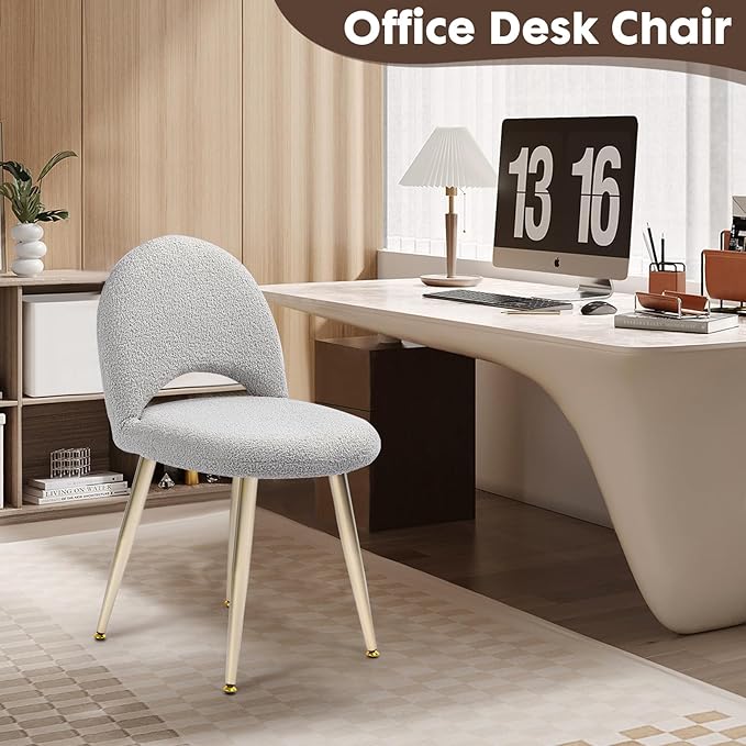Vanity Chair with Adjustable Backrest Boucle Upholstery Armless Makeup Stool Gray Sherpa Vanity Stool with Gold Metal Legs for Bedroom Living Room Kitchen Dinning Room(Gray)