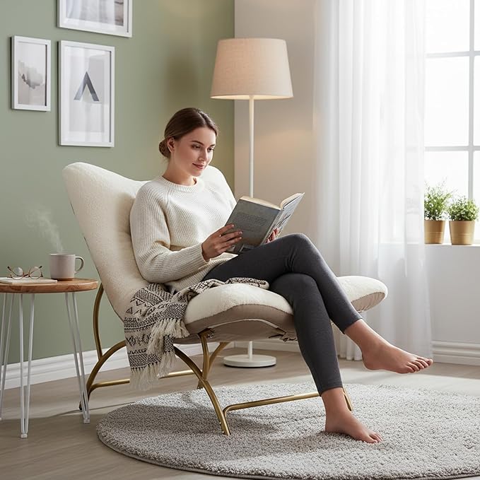 Tiita Accent Lazy Chair Comfy Lounge Chair with Metal Frame and Plush Fabric Spacious Seat Cozy Recliner Chair for Reading Room Living Room Bedroom Office Beige